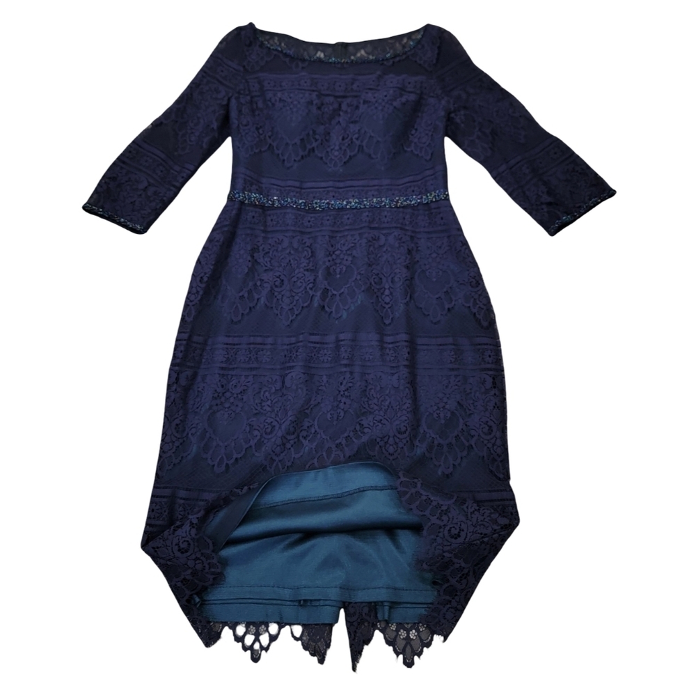 Social Occasions by Mon Cheri Navy Lace Midi Dress Beaded Wedding Guest Size 12 - Picture 4 of 17